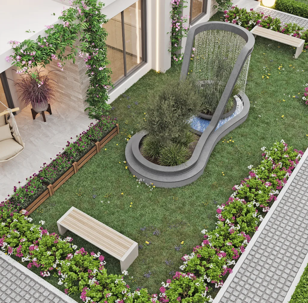 The Mandarin villa garden and water sculpture